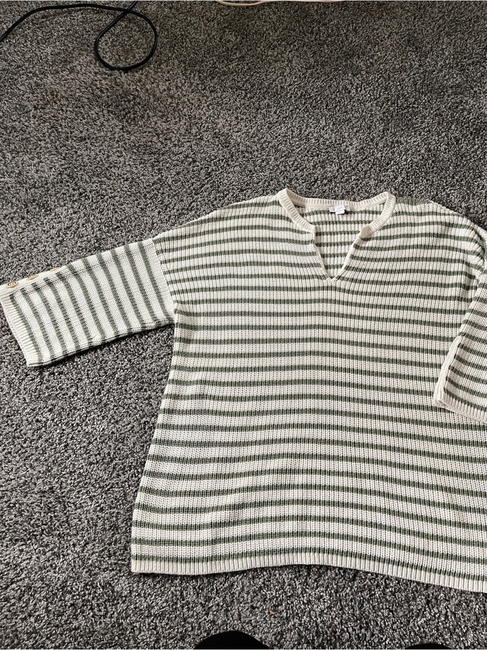 J. Jill Striped Knit Pullover Sweater - Cream & Olive green 3/4 length sleeve XL